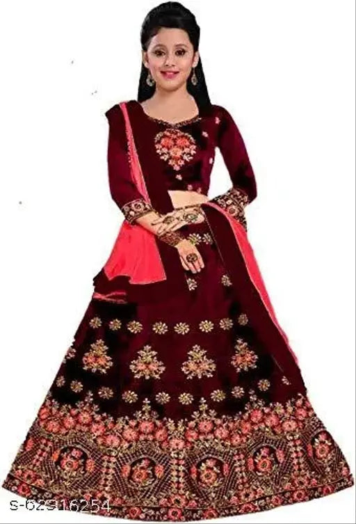 Embroidered baby lehenga choli set in taffeta silk, net dupatta for 7-12 year girls, India origin