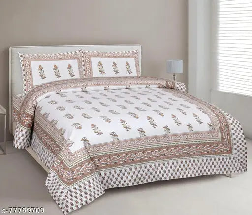 MLT Luxurious Jaipuri print cotton king size flat sheets, superfine quality with 2 pillow covers, ideal for adults