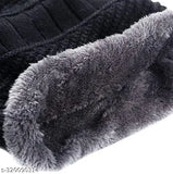 Wool beanie cap with neck warmer & fur gloves (one size), soft thermal fleece lined for men & women, perfect for outdoor activities