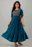 Dark blue embroidered Anarkali kurta, rayon fabric, short sleeves