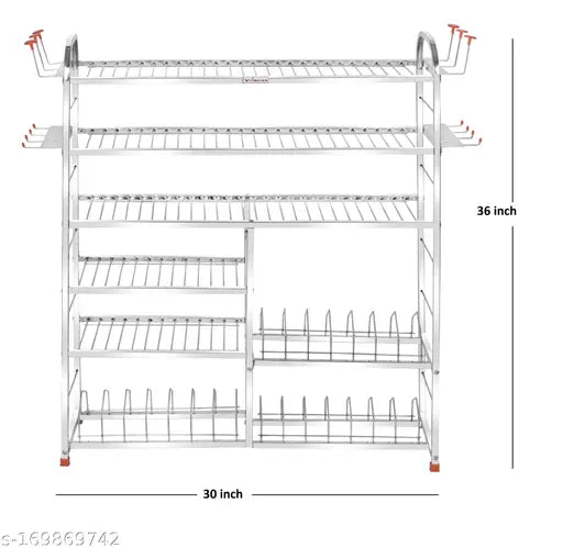 Stainless steel 6-shelf wall mount kitchen rack, accommodating plates and utensils
