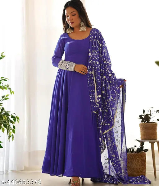 Georgette embroidered women's gown & dupatta, traditional Indian attire in S-XXL sizes
