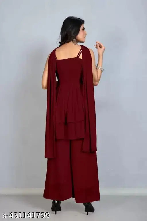 Maroon georgette kurta with ruffled sleeves and palazzo pants set