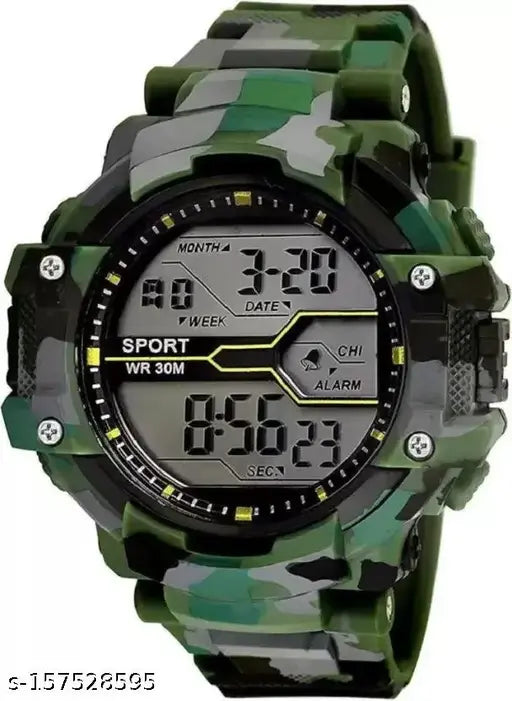 Green camo digital watch with yellow numbers and a black strap