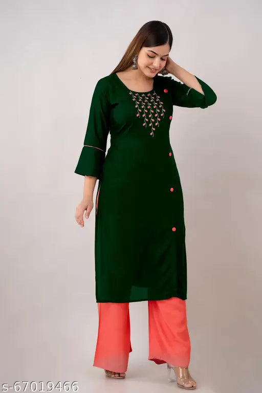 Bottle Green Rayon Kurti & Palazzo set (SET) - Embroidered net, three-quarter sleeves. Indian wedding wear, festive party wear." (124 characters)
