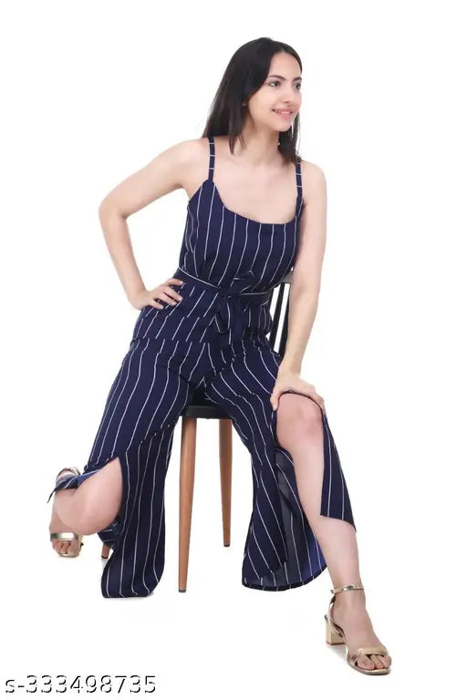Striped rayon jumpsuit for women, casual loose adjustable long pants romper