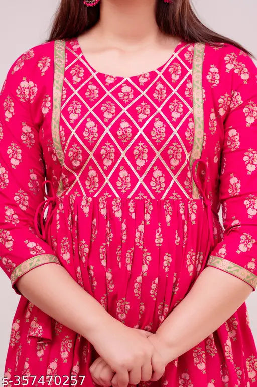 Cotton blend Anarkali gown Maternity Kurti, three-quarter sleeve print combo, pink border with tassels - Indian style fashion for women's casual wear