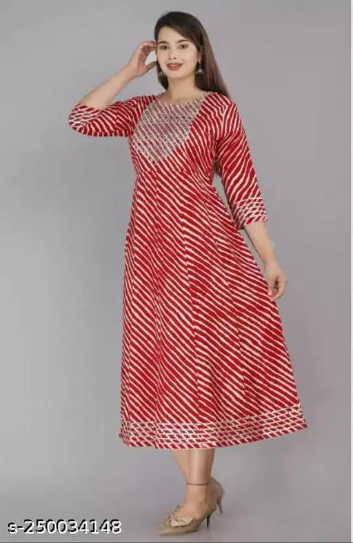 Rayon Kameez, Anarkali Kurta with Embroidery, Red and White Print, Sleeveless Style for Women
