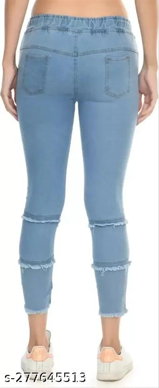 Light Blue Denim Jogger Fit Jeans for Women - Indian designer jeans, versatile style essential with quality craftsmanship and comfortable wear