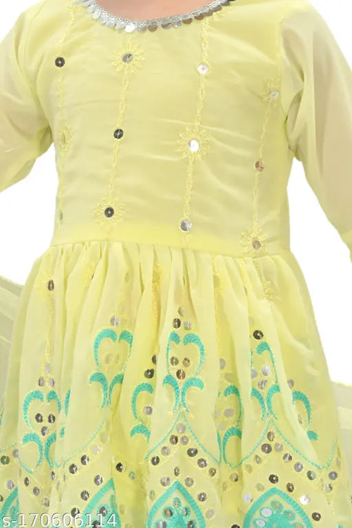 Chiffon Anarkali Kurta Suit Sets for Girls - Embroidered, Three-Quarter Sleeves, Diwali Celebration Wear, Indian Ethnic Clothing