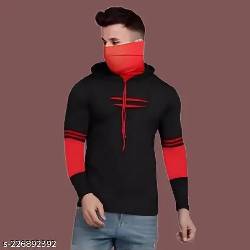 Cotton blend black hoodie with horizontal stripes for men, size S (34in chest, 26in length), India origin