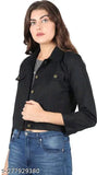 Black denim three-quarter sleeve jacket by M S Fashion House, solid design for women's size S, M, L, XL. Made in India