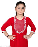 Red embroidered rayon straight kurta, three-quarter sleeves for girls' fashion