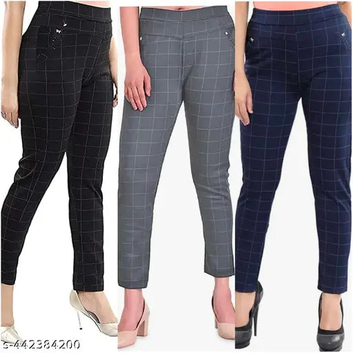 Black-Grey-Blue Lycra checkered jeggings 3-pack for women, stylish double pocket design