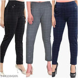 Black-Grey-Blue Lycra checkered jeggings 3-pack for women, stylish double pocket design