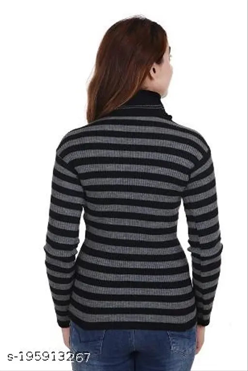 Gray striped wool high neck sweater for girls, full sleeves, warm winter wear.