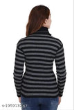 Gray striped wool high neck sweater for girls, full sleeves, warm winter wear.