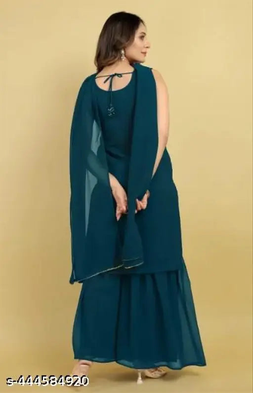 Blue georgette embroidered sharara set with dupatta