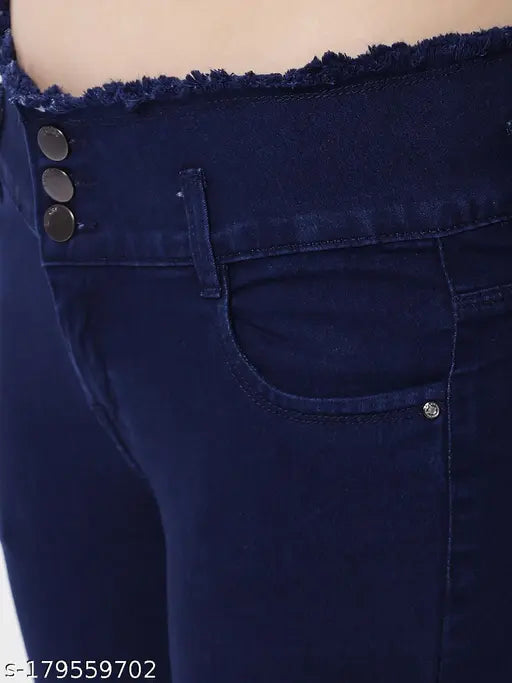 Blue denim skinny jeans with frayed hem and 3 buttons, women's wear