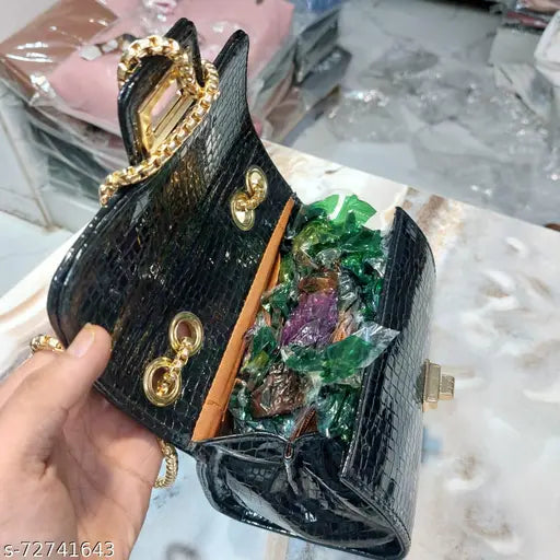 Black crocodile embossed leather shoulder bag, zip closure