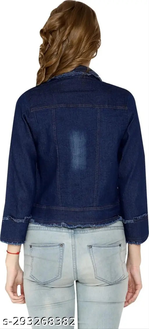 Blue denim jacket with frayed cuffs and hem for kids