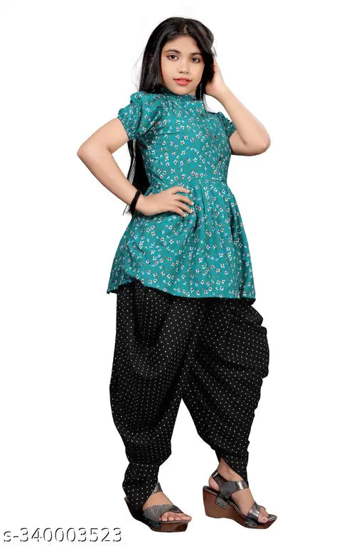 Girls Festive Party Anarkali Kurta & Pyjama Set, crepe fabric, printed, calf length, short sleeves. Ethnic wear for kids aged 6-12 years. Made in India