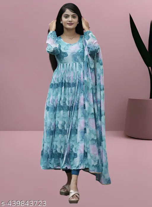 Stylish printed georgette gown, long sleeves, Foxy Havva design, ZOENTIK for women's party, wedding, festival wear - India