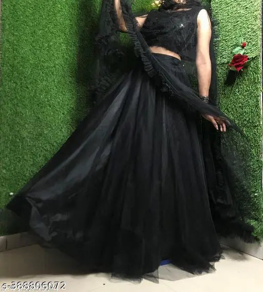 Black velvet & net Phrill Lahenga, unstitched blouse, Indian crafted traditional zari work