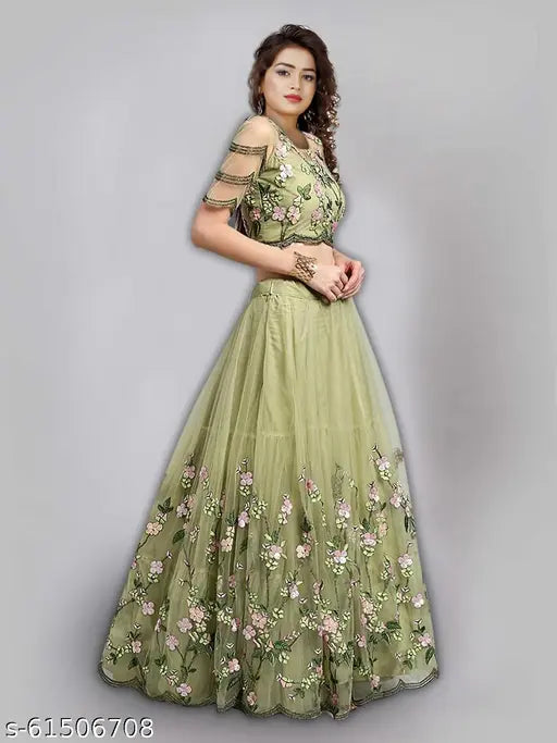 Indian Unstitched Silk Semi-Stitched Lehenga Choli & Net Dupatta with Embroidery, satin top and net bottom, size 42