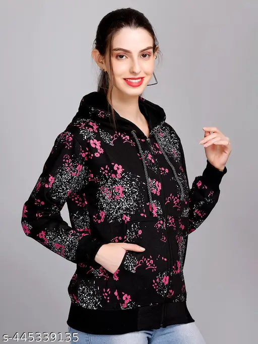 Fleece blend women's winter hoodie sweatshirt, printed design, fleece material, long sleeves, pockets, gentle machine washable, large size on model, India origin