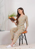 Cotton printed night suit, three-quarter sleeves, round neckline, side pocket. Pure cotton sleepwear from India