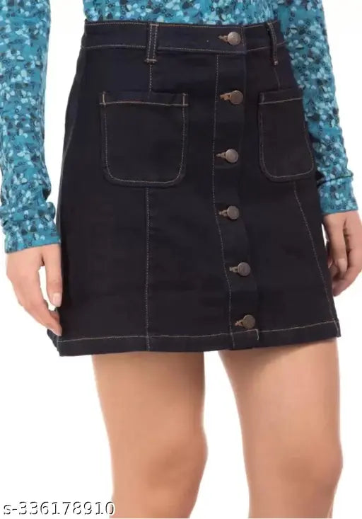 Washed black denim mini skirt with front pocket and button closure. Lightweight, breathable, and suitable for all body types. Women's denim skirt, made in India