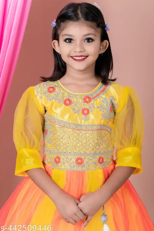Yellow, red, orange and black embroidered long-sleeved dress with a full skirt, suitable for a young girl