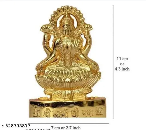 Gold-plated metal Laxmi ji spiritual statue (11cm x 11cm x 7cm), ideal for home decor, mandir pooja, gifting, or car dashboard