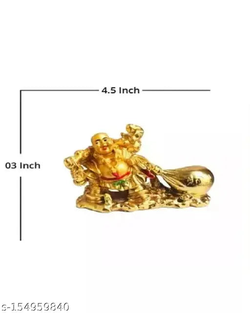 Gold polyresin Laughing Buddha with Money Potli for wealth and Feng Shui decor, 9cm in size (India origin)
