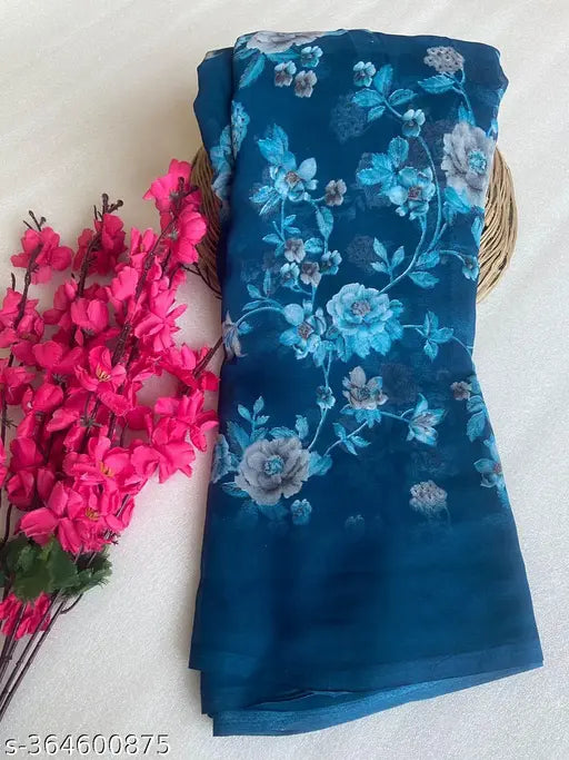 Blue embroidered saree with floral pattern