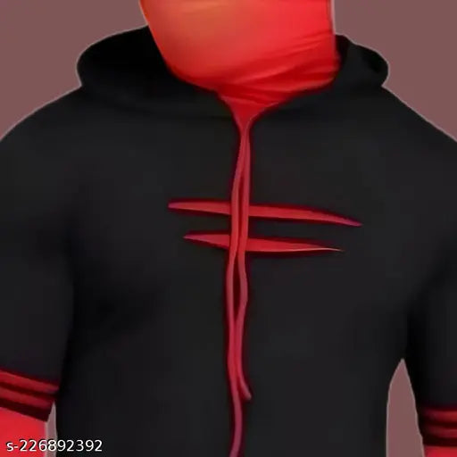 Black cotton blend hoodie for men, horizontal stripes regular fit, long sleeves, size S-XXXL. Denzolee summer hooded t-shirt with mask option. India origin