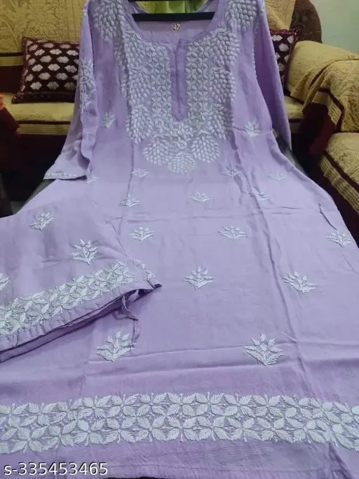 Purple chikankari kurta, long sleeve, with embroidered border