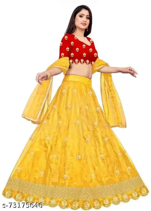 Satin and net lehenga set, semi-stitched in self design, ideal for parties and weddings