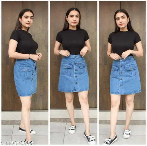 Denim skirt, cropped waist style, black crop top