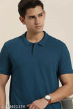 Airforce blue cotton blend polo neck t-shirt for men, solid design, short sleeves, 180 gsm durable fabric, wash care instructions included