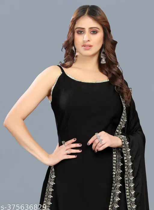 Black cotton silk kurta set with palazzo and dupatta, solid design and sleeveless style, perfect for various occasions, Indian origin