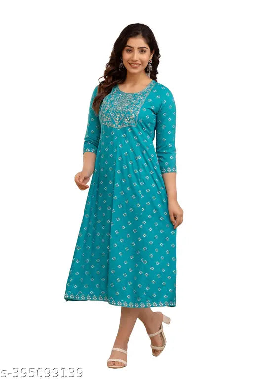 Vibrant Wine Pink Blue Firozi Embroidered Rayon Cotton Flared Anarkali Kurta for Women, suitable for various occasions