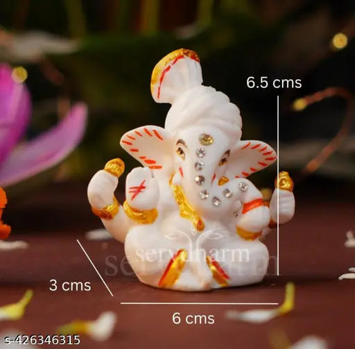 White Polyresin Pagri Ganesh Ji Murti, decorative showpiece for car dashboard, home temple, office desk, or pooja room. Ideal for festivals, gifting, and home decorations. Made in India. (6.35cm H x 2.5cm W x 1.5cm D, Weight: 70g)