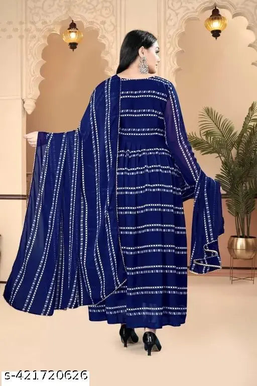 Striped Georgette three-quarter sleeve fancy women gown on hanger (S, M, L, XL), Indian handcrafted garment