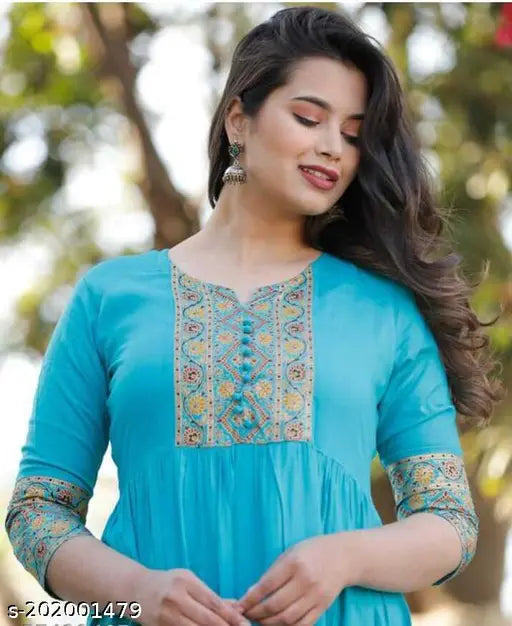 Blue ALine kameez with intricate design details, long sleeves