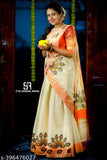 Golden printed poly-silk Kerala Style Lehenga Dhavani Set, semi-stitched (44in waist, 45in length)