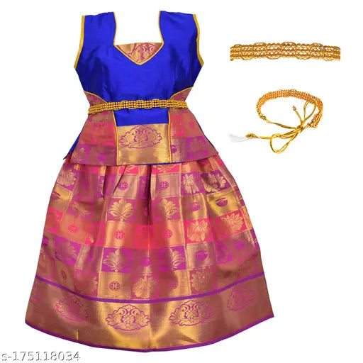 Traditional grand pattern cotton pattu pavadai lehenga choli, embellished and embroidered for kids, available in multiple sizes from 6-12 months to 5-6 years. Made in India, always choose our original product