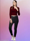 Maroon polyester blend casual V-Neck T-shirt with long sleeves and collared neck, 20 inches length, suitable for various occasions