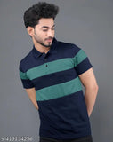 Men's cotton blend half sleeve striper polo neck t-shirt, colorblocked pattern for casual outings or sports events